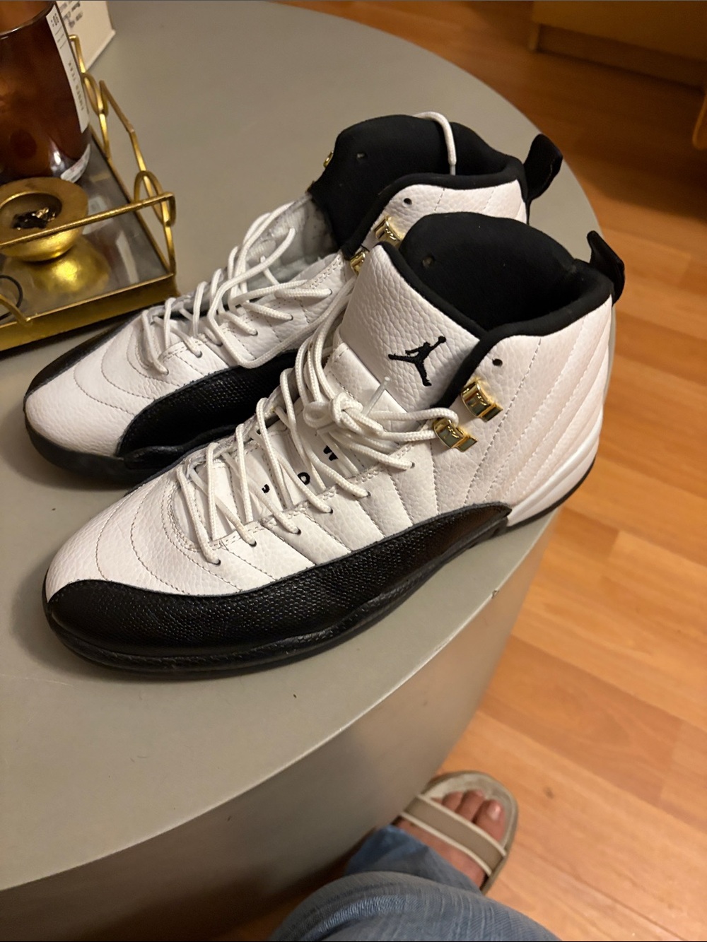 Jordan Men’s White and Black High-Top Sneakers with Gold Eyelets